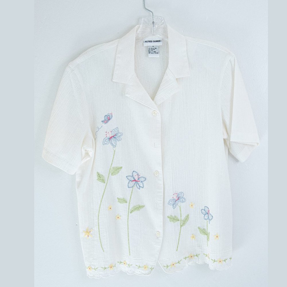 Vintage Alfred Dunner button up short sleeve top with embroidery flowers Size 12